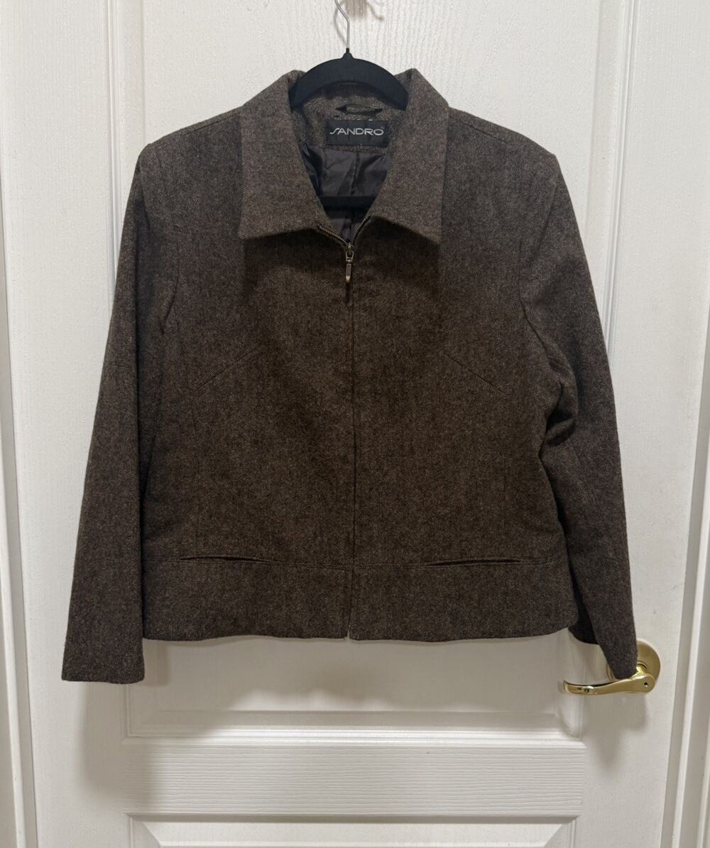 Vintage Sandro Wool Tweed Jacket Women’s 16P Brown Textured Full Zip Parisian